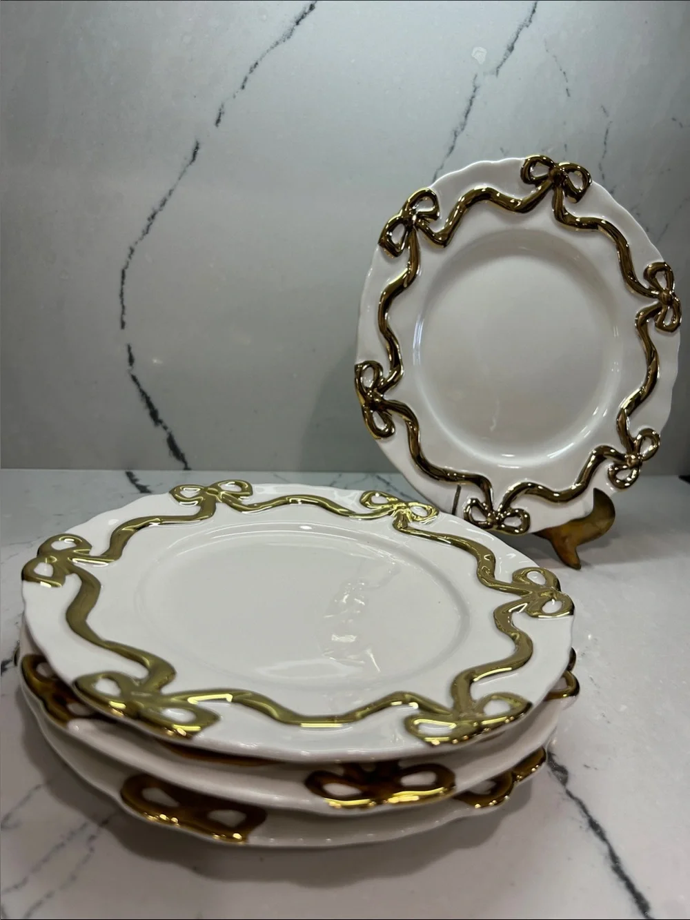 Anthropology Benedita Gold Bow Stoneware Side Plates, Set of 4